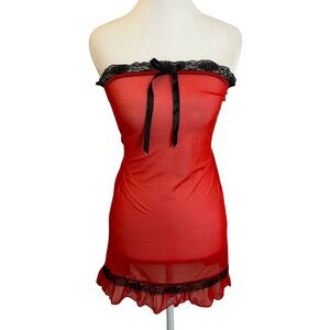 Red Sheer Lingerie Mini Dress Black Lace Trim‎ Ribbon Bow Babydoll